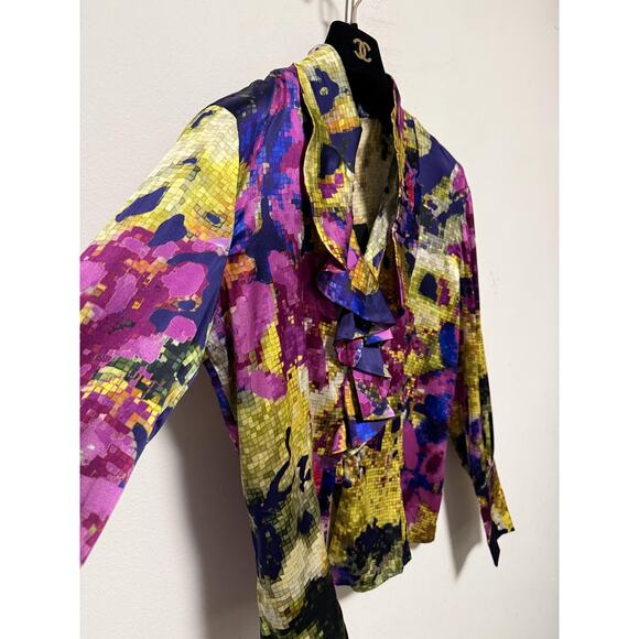 St. John Blouse Womens 8 Cobalt Celadon Multi Silk Ruffle Abstract Top K311WD1 - Picture 5 of 15